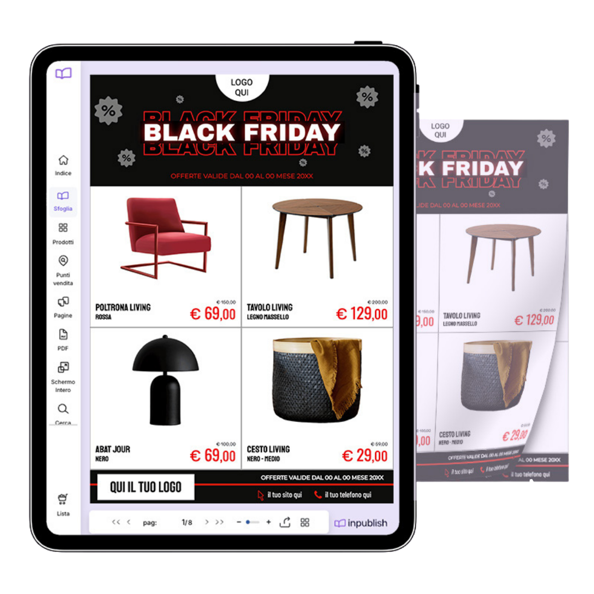 Interactive digital catalog on a tablet with products and Inpublish side menu