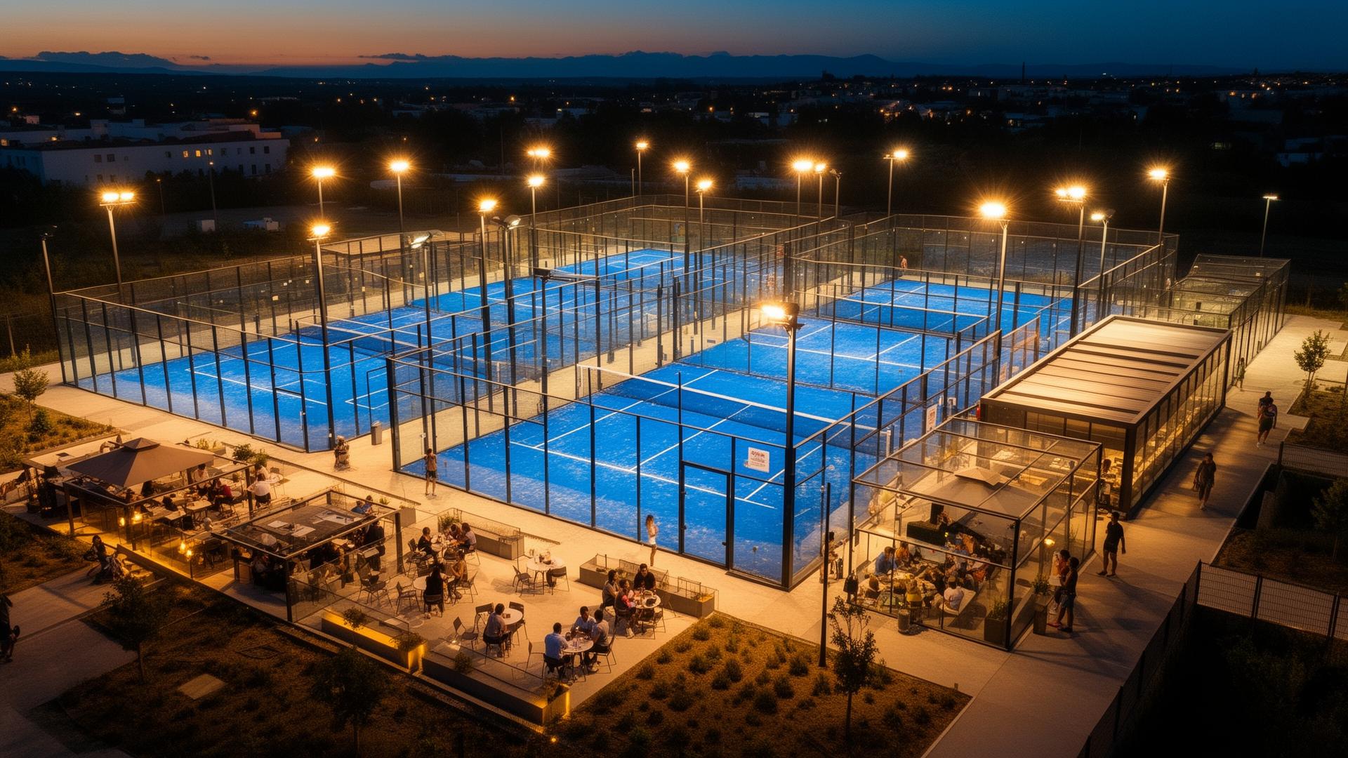 Aerial view of a padel club at sunset