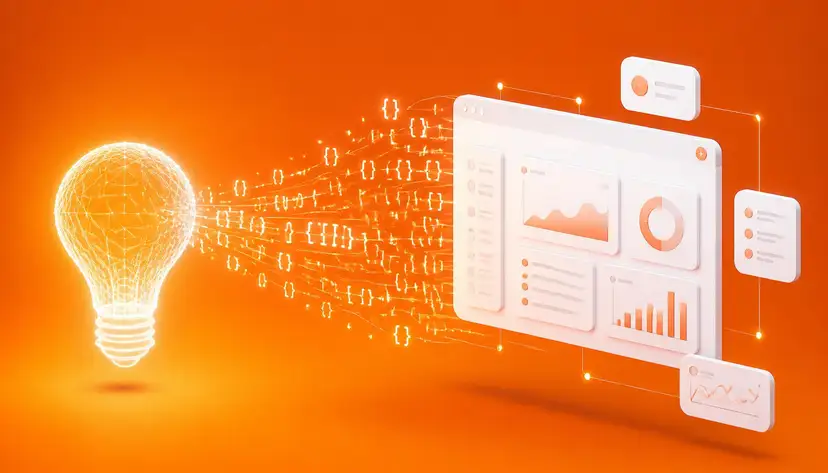 Sviluppo software su misura: illustrazione che mostra la trasformazione di un'idea in un prodotto digitale con dashboard.